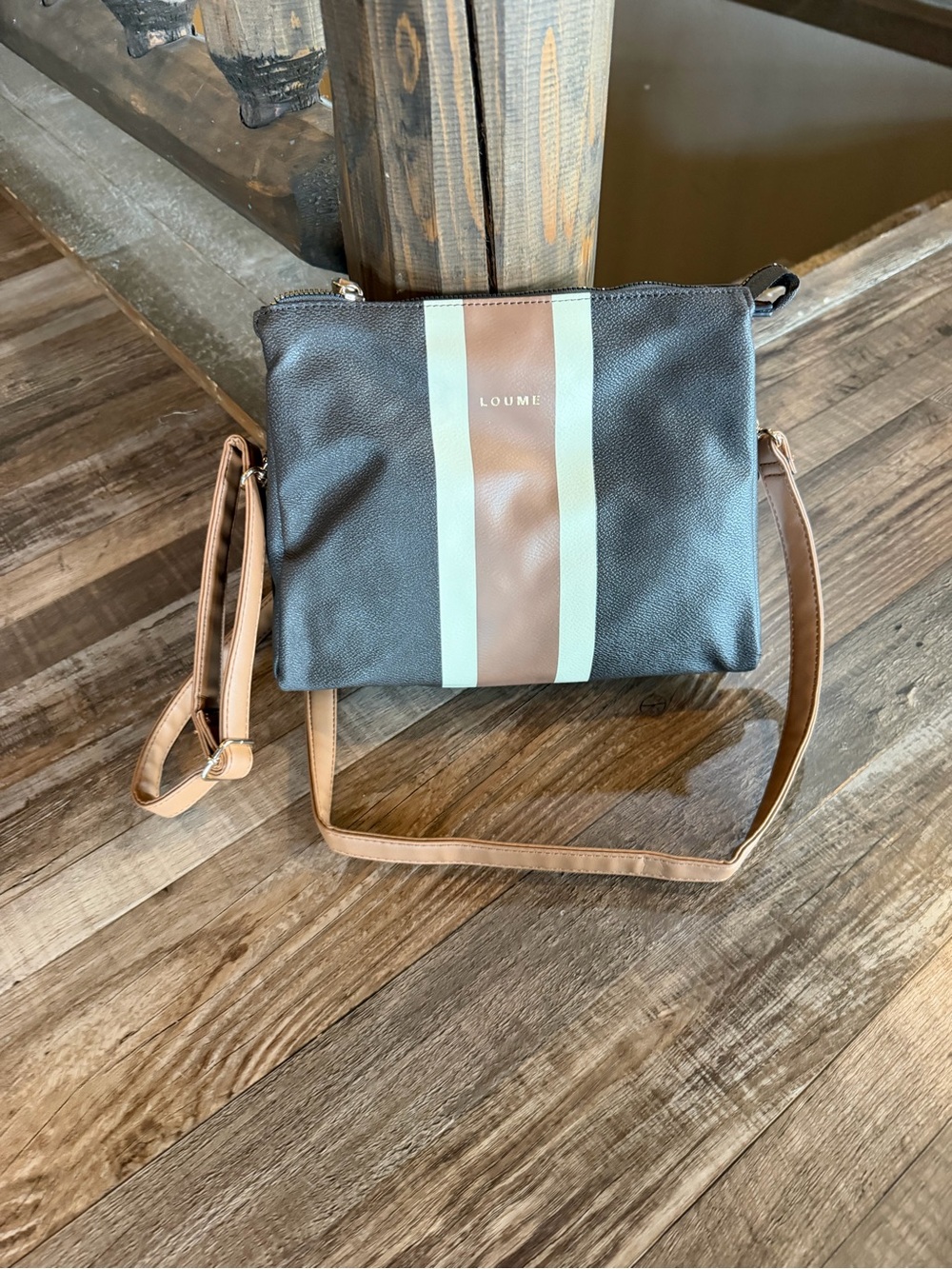 NWOT Loume Women's Black Shoulder bag with Tan and White Stripes